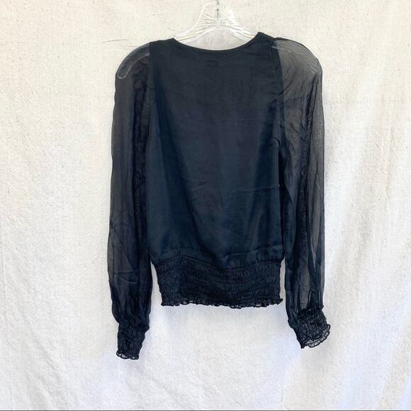 Halston Heritage black silk surplice peasant top with smocked band/cuffs size 0 - Picture 6 of 14